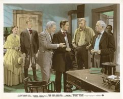 Tyrone Power, Randolph Scott, Erville Alderson, Henry Hull, Nancy Kelly, and Slim Summerville in Jesse James (1939)
