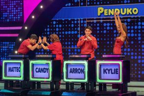 Candy Pangilinan, Arron Villaflor, Matteo Guidicelli, and Kylie Verzosa in Family Feud Philippines (2022)