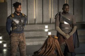 Connie Chiume, Michael B. Jordan, and Daniel Kaluuya in Black Panther (2018)
