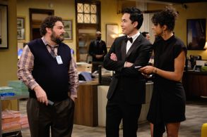 Bobby Moynihan, Mike Cabellon, and Vella Lovell at an event for Mr. Mayor (2021)