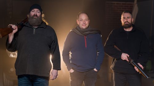 (Left to Right) Geoff Anderson, Aaron Falvey and James Wells on the set of 'A Special Force'.
