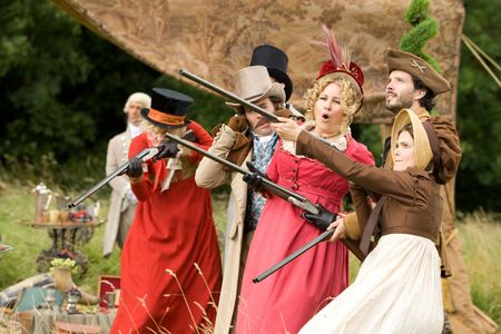 Keri Russell, James Callis, Jennifer Coolidge, Bret McKenzie, and Georgia King in Austenland (2013)
