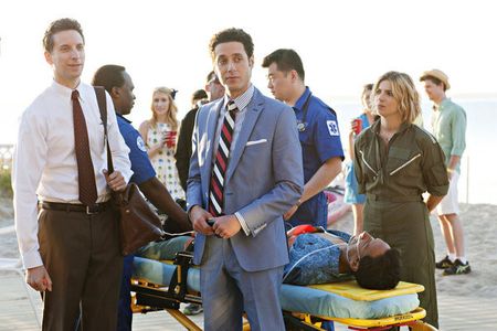 Paulo Costanzo, Ben Shenkman, Angela Trimbur, and Danny Pudi in Royal Pains (2009)