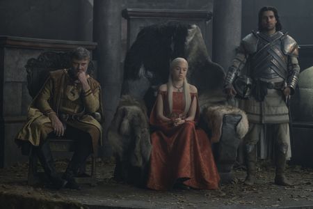 Julian Lewis Jones, Milly Alcock, and Fabien Frankel in House of the Dragon (2022)
