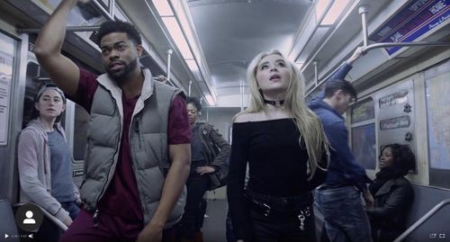 Joshua Triplett and Sabrina Carpenter on set of Thumbs