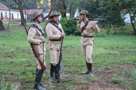 Traverse Le Goff, Aidan Lithgow and Benedict Wall on the set of Breaker Morant - The Retrial.